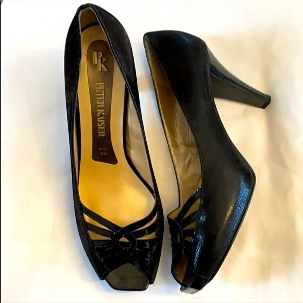 PETER KAISER BLACK PATENT OPEN TOE SHOES. …
